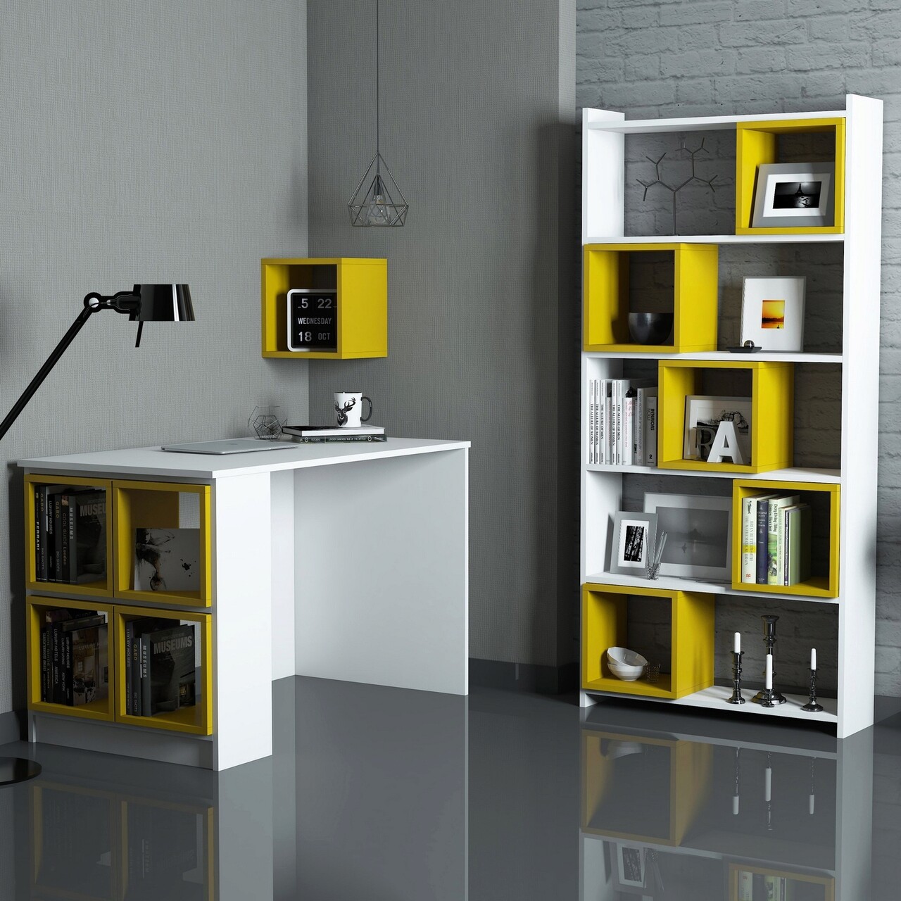 Set birou si biblioteca, Hanah Home, Box, 120x75x65 cm, Alb / Galben - imagine 5